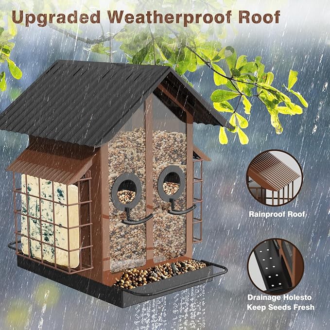 FlowaFoli Bird Feeders for Outdoors, Metal Bird Feeder with Double Suet Cage Weatherproof Metal Roof, 2 in 1 Mixed Seeds Suet Feeder, 4Lbs Large Capacity, Great for Finch、Cardinal、Chickadee（Brown）