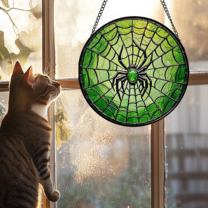 Glass Window Hanging - Black Green Horror Spider Web Suncatcher for Doors Garden Patio Sun Catchers Decor Christmas Halloween Birthday Gifts for Women Men Mom Nana Friend 15 in