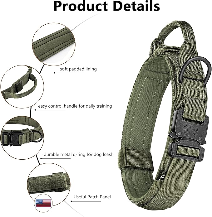 DAGANXI Tactical Dog Collar, Adjustable Military Training Nylon Dog Collar with Control Handle and Heavy Metal Buckle for Medium and Large Dogs, with Patches and Airtags Case (M, Green-Set)