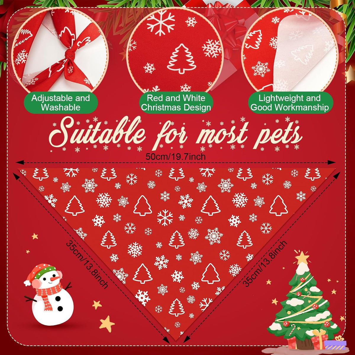 Abbylike 50 Pcs Christmas Dog Bandanas Bulk Xmas Red and White Bandanas for Dogs Triangle Kerchief Bibs Scarf Set for Pet Christmas Costume Photo Props Accessories Pet Shops (19.7 x 13.8 x 13.8)