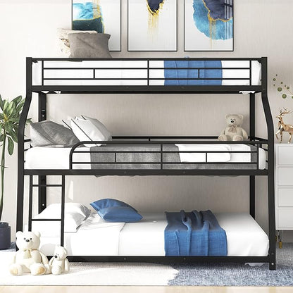 Twin XL/Full XL/Queen Triple Bunk Bed with Long and Short Ladder & Full-Length Guardrails,3 Bed Frame in 1 w/Stairs,Easy Assembly,for Adult Kid Boy Girl Teen,Black