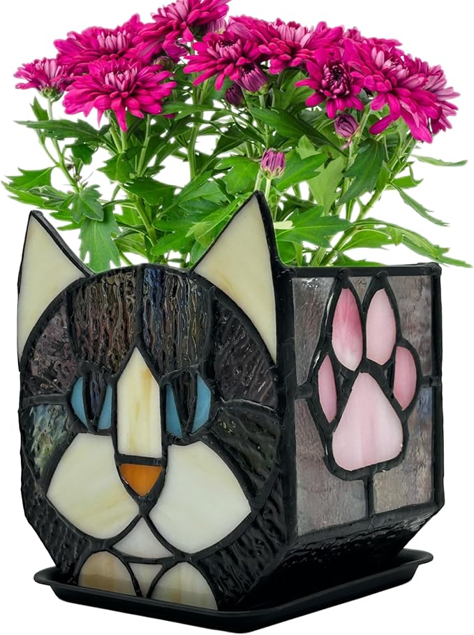 Stained Glass Black Cat Flower Pot,Succulent Pots with Drainage,Unique Black Cat Planter,Flower Pots for Indoor Plants,Glass Container Display Decoration,Cute Plant Gifts
