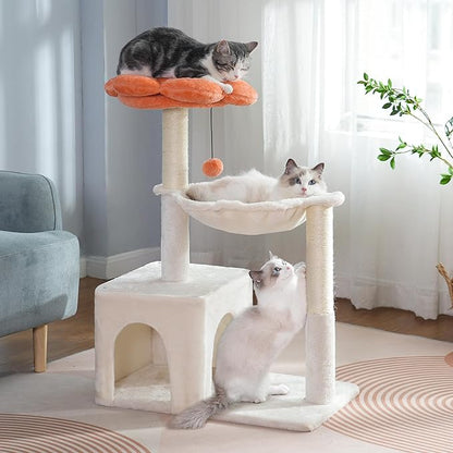 Flower Cat Tree 34" Scratching Post Small Cat Tower for Large Cats,Featuring with 15.7”Large Hammock, Removable Top Bed and Wide Condo for Indoor Cats-Beige