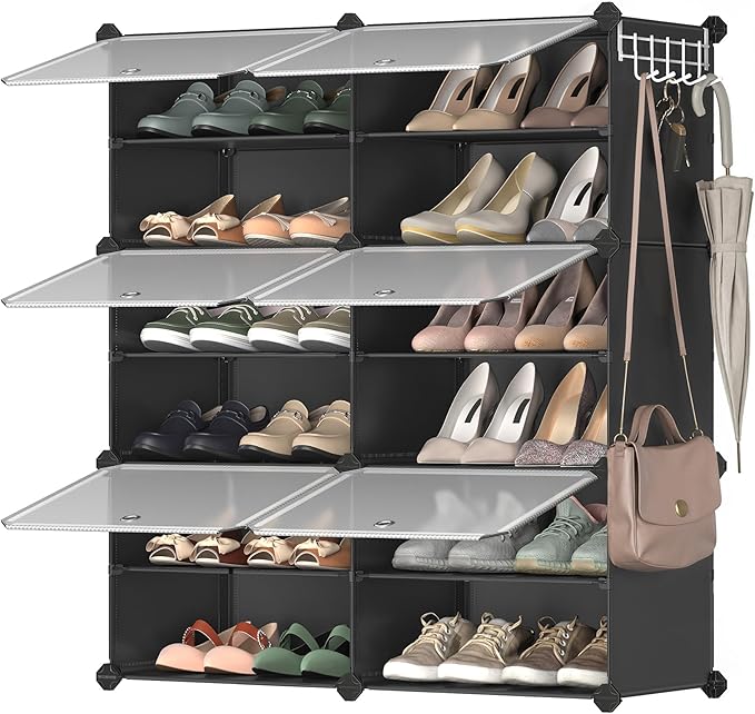 SONGMICS Shoe Rack Organizer, 6-Tier Shoe Storage Cabinet for Closet and Entryway, Holds 24 Pairs of Shoes, Adjustable, Ink Black and Trasparent ULPC033B01