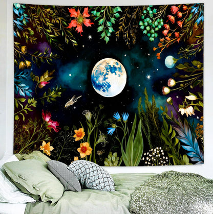 Delur Moonlit Garden Tapestry Boho Moon Floral Plant Tapestry Wall Hanging Colorful Flower Botanical Nature Night Landscape Headboard for Bedroom Living Room Home Decor (70.8" x 92.5")
