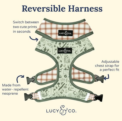 Lucy & Co. Reversible Dog Harness - Water-Repellent Neoprene, Dual-Print Design, Easy Swap Style, Adjustable Comfort Fit - Camp Out Reversible Harness - Small
