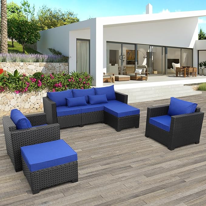 Rattaner Outdoor Wicker Furniture Couch Set 5 Pieces Patio Furniture Sectional Sofa with Royal Blue Cushions and Waterproof Covers