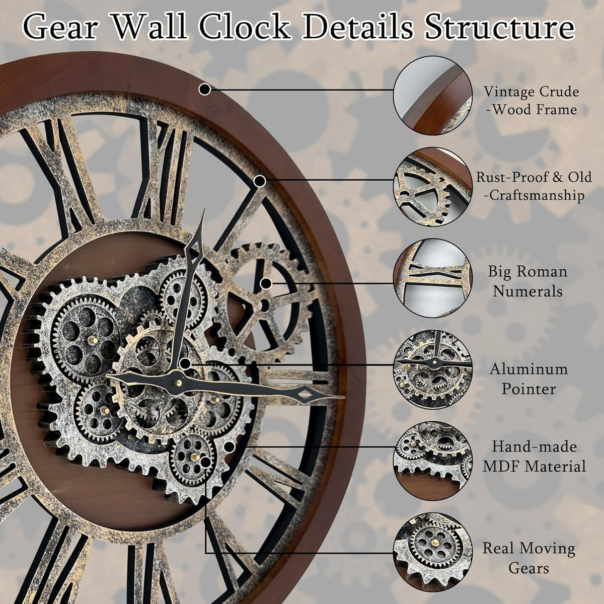 HOIBAI Large Wall Clock, 24 Inch Wall Clocks for Living Room Decor Farmhouse Vintage Rustic Kitchen Wall Decor Vintage Roman Big Oversized Wall Clock for Home Bedroom House Office, Moving Gears Clock