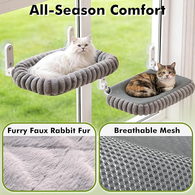 Cat Window Perch with Bolster, Cordless Foldable Cat Window Hammock with Strong Suction Cups & Metal Frame, Machine Washable Pet Bed for Indoor Cats (Gray, Medium)