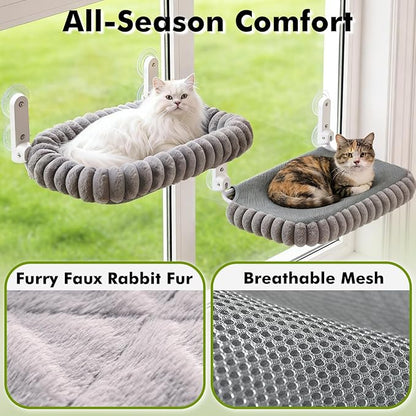 Cat Window Perch with Bolster, Cordless Foldable Cat Window Hammock with Strong Suction Cups & Metal Frame, Machine Washable Pet Bed for Indoor Cats (Gray, Medium)