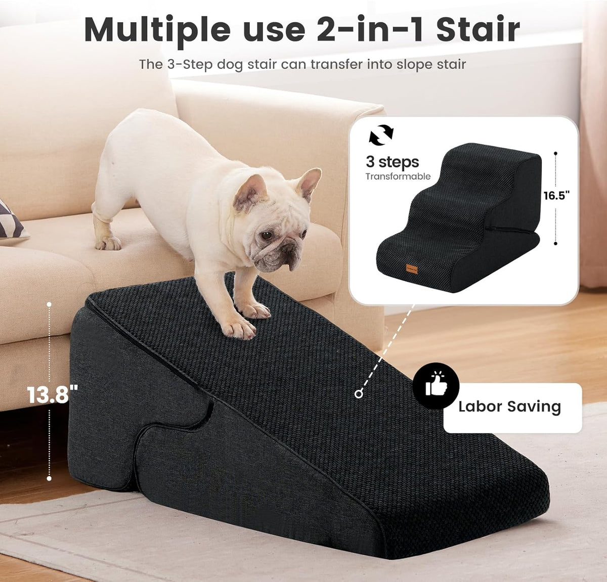 Gardner Pet Dog Stairs for Small Dogs 16.5" H, 2 in 1 Transformable 3-Step Pet Stairs and Dog Ramp for Couch (13-20 in), Black Adjustable Pet Steps with Non-Slip Waterproof Cover and CertiPUR-US Foam