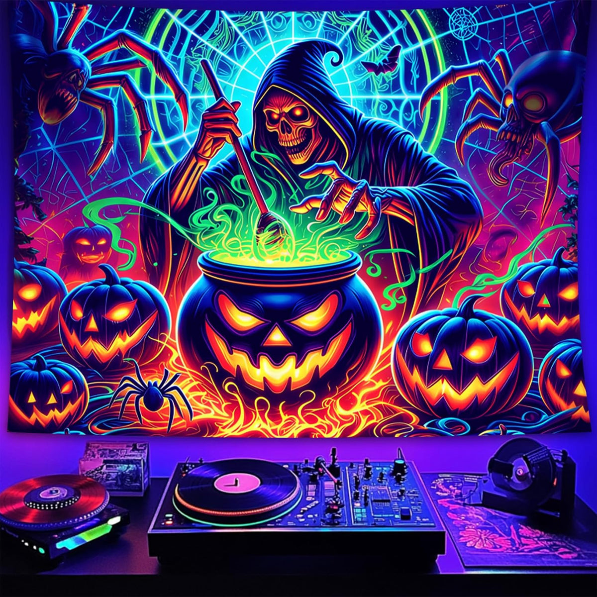 Halloween Tapestry, Blacklight Tapestry for Halloween Party Decor Hanging Tapestries Backdrop Wall Art Poster for Bedroom Dorm 79x59in