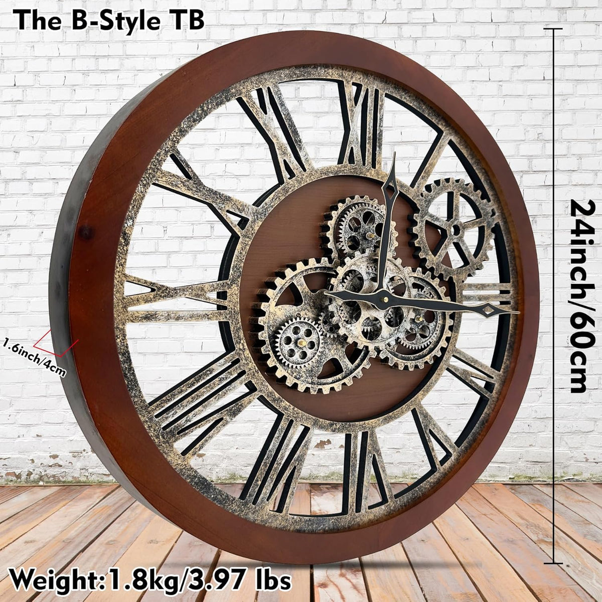 The B-Style Large Wall Clock 24 inch Moving Gear Wall Clock Oversized Vintage Farmhouse Wall Clocks for Living Room Decor Rustic Industrial Wood Clock (Black walunt Wood and Bronze)