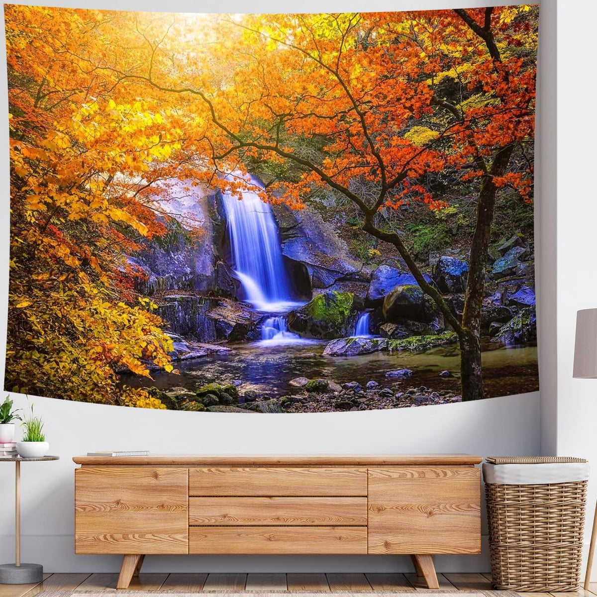 Delur Waterfall Tapestry Forest Nature Scenic Tree Mountain Sunset Tapestry Wall Hanging Natural Landscape Sunrise Headboard for Bedroom Living Room Home Decor (70.8" x 92.5")
