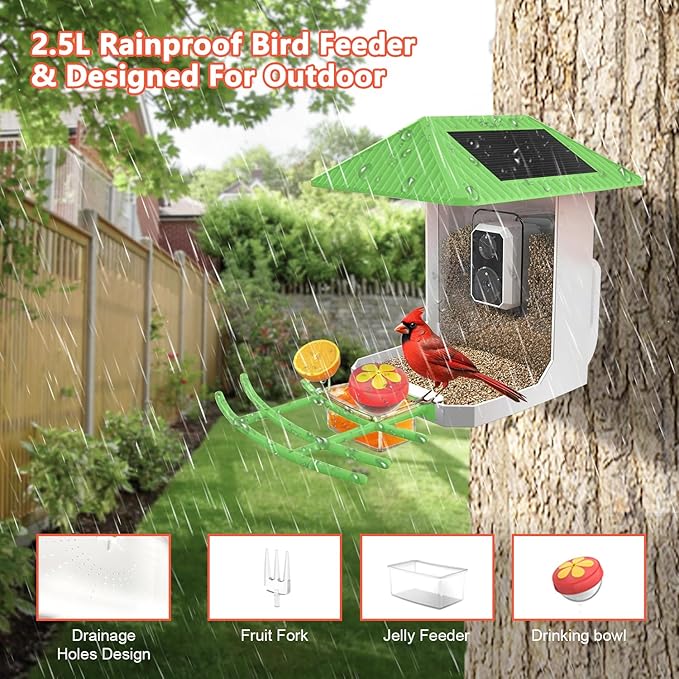 2.5K Smart Bird Feeder with Camera, 2.5L Birds Watching Camera with AI Identify Bird Species, Outdoor Birds Feeder House with Solar Panel for BirdLovers (Cyan)