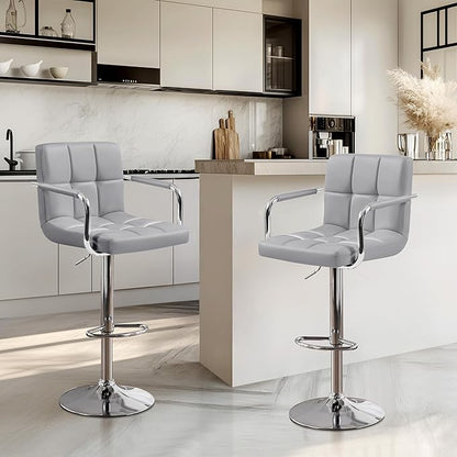 Yaheetech Bar Stools Set of 3, PU Leather Adjustable Barstools with Armrest, Counter Height Stool Chairs with Thickened Seat Cushion for Kitchen Island, Light Grey