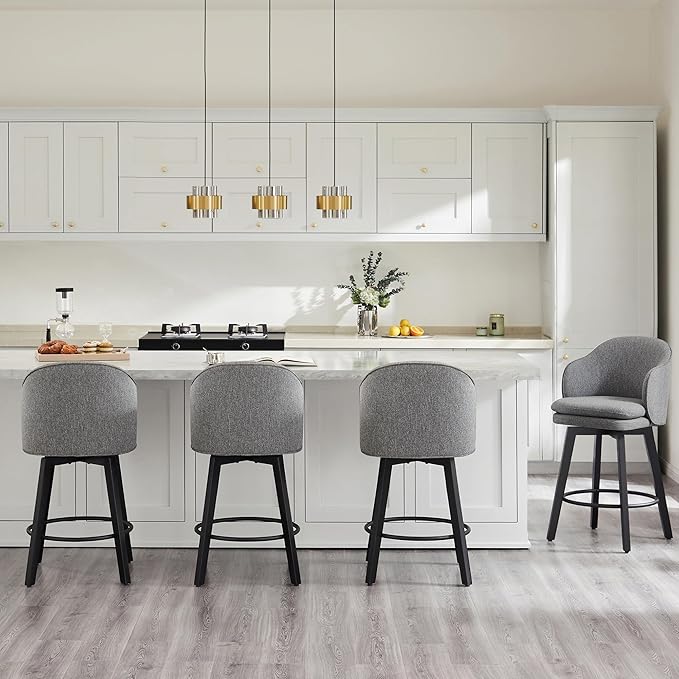 Counter Height Barstools 26 inch Upholstered Swivel Bar Stools with Back and Wood Legs for Kitchen Island,Set of 4,Dark Grey Fabric