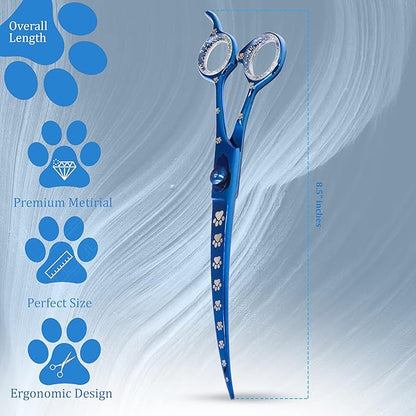 Professional Dog Grooming Scissors/Shears, Curved, with Paw Prints for Dogs, Cats & Pets (Right Handed, Blue, Stainless Steel 8 Inch)