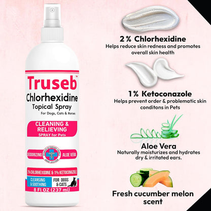 Truseb Topical Ketoconazole and Chlorhexidine Spray for Dogs, Cats, and Horses with Essential Fatty Acids, Aloe and Vitamin E- 16 oz (Ketoconazole & Chlorhexidine Spray, 16 oz)