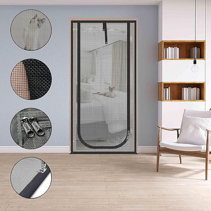 Reinforced Cat Screen Door,Fits Door Opening Size 34''x 81'',Thickened Cat Resistant Mesh Screen Door for Living Room,Kitchen,Bedroom,Cat Proof Screen with Zipper Closure.