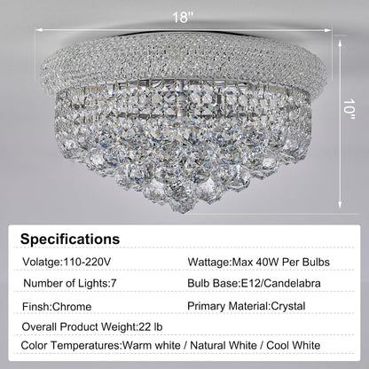 7-Light Crystal Flush Mount Chandelier Ceiling Light Fixture for Living Room Dining Room Bedroom Foyer Entryway Hallway Closet Bathroom (Chrome D18)