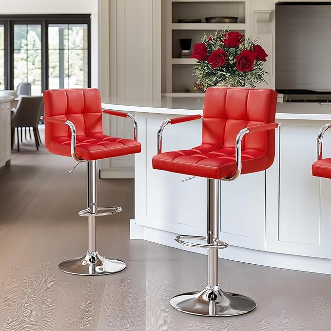 Yaheetech Bar Stools Set of 2, PU Leather Adjustable Swivel Barstools, Hydraulic Kitchen Counter Height Bar Chairs with Armrest and Back for Bar, Kitchen, Dining Room, Red