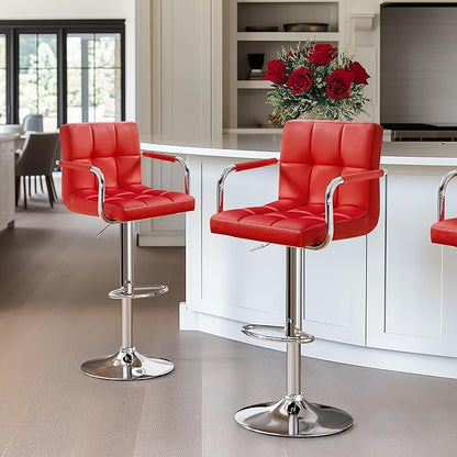 Yaheetech Bar Stools Set of 2, PU Leather Adjustable Swivel Barstools, Hydraulic Kitchen Counter Height Bar Chairs with Armrest and Back for Bar, Kitchen, Dining Room, Red