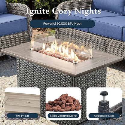 Belord Luxury 6" Thick Cushioned Outdoor Swivel Rocker Chairs Set of 4 with Fire Pit Table, High Back Wicker Patio Furniture Set with Ergonomic Zone Back, Conversation Set for Deck Porch - Grey+Beige