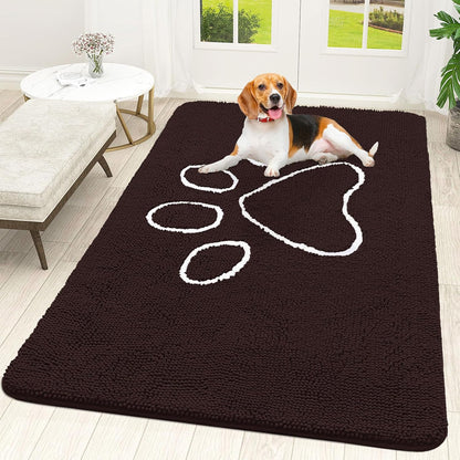 OLANLY Door Mat for Muddy Dog Paws 70x46, Ultra Absorbent Chenille Mud Doormat with Paw Print Design, Non-Slip Washable Doormat for Indoor Entryway, Quick-Dry Pet Bed Mats for Dirty Dogs, Brown