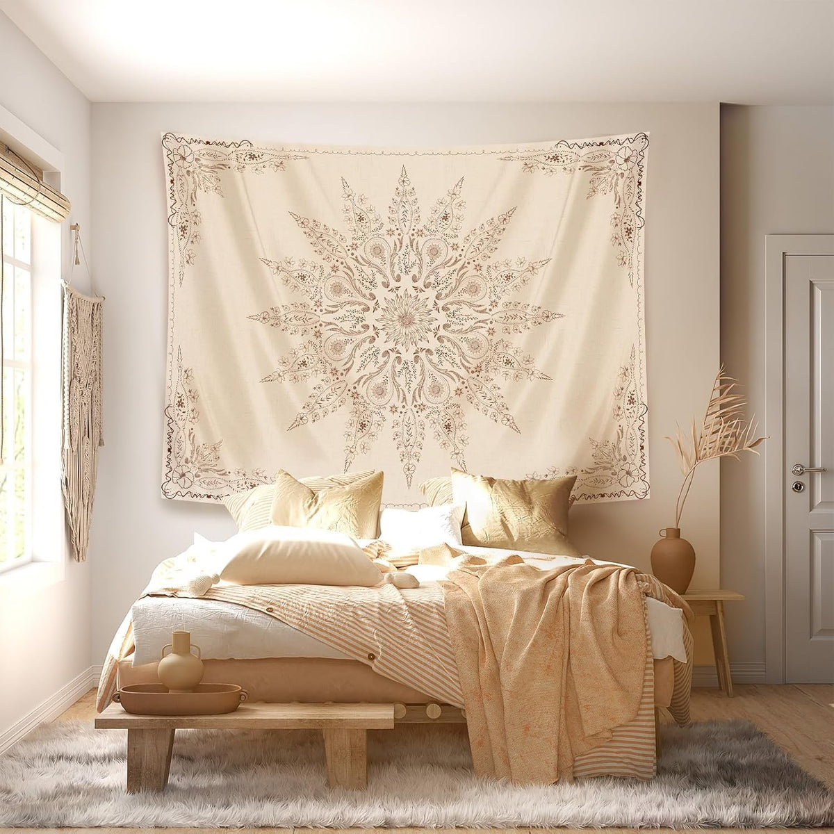 Damanse Floral Tapestry Wall Hanging Cute,Boho Wall Tapestry for Bedroom Aesthetic,Mandala Living Room Decor for Teen Girls (Flaxen, 70.9"x90.6")