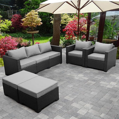Rattaner Outdoor Wicker Furniture Couch Set 5 Pieces Patio Furniture Sectional Sofa with Grey No-Slip Cushions and Waterproof Covers