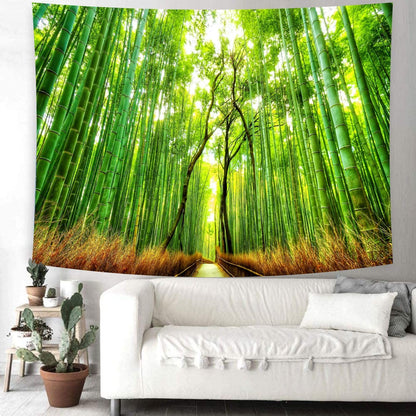 Delur Forest Pathway Tapestry Sunset Tropical Rainforest Nature Tree Tapestry Wall Hanging Sunrise Scenic Natural Green Landscape Headboard for Bedroom Living Room Home Decor (59.1" x 78.7")