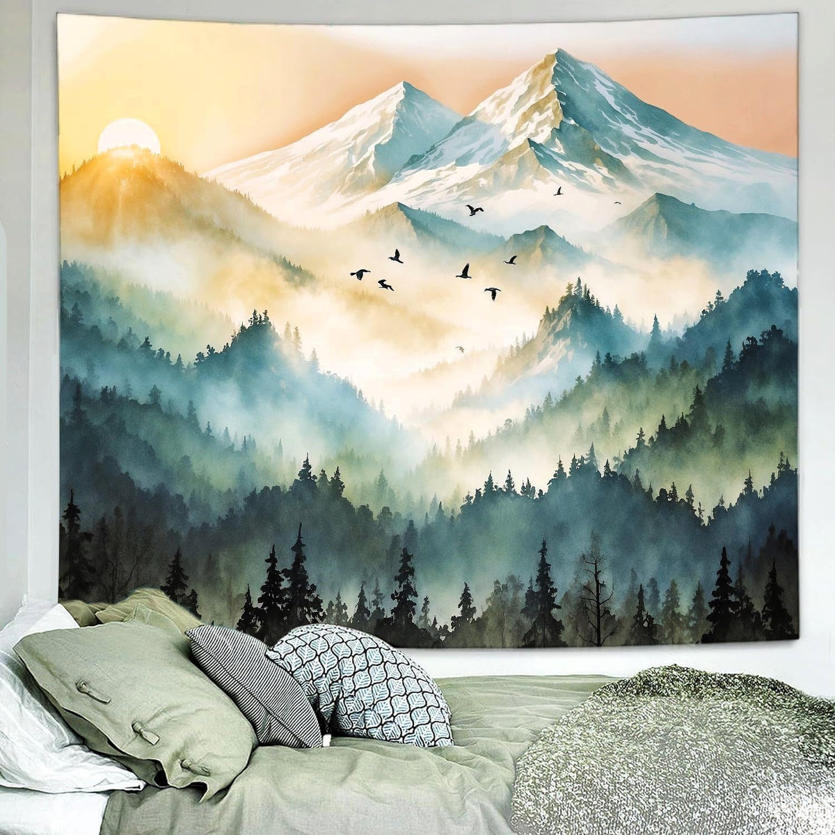 Delur Mountain Tapestry Boho Misty Sunset Forest Tree Tapestry Wall Hanging Sunrise Nature Landscape Psychedelic Headboard for Bedroom Living Room Home Decor (51.2" x 59.1")