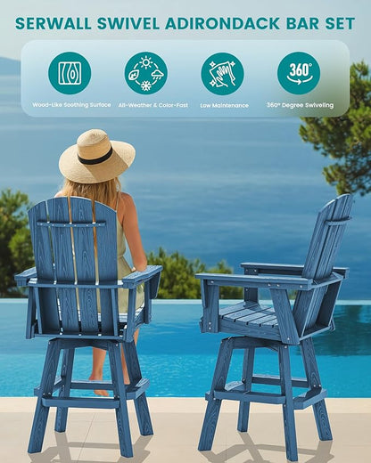 SERWALL Swivel Adirondack Bar Chairs Set of 4, HDPE Outdoor Swivel Barstools Chairs Set of 4 for Bistro, Poolside, Garden, Blue