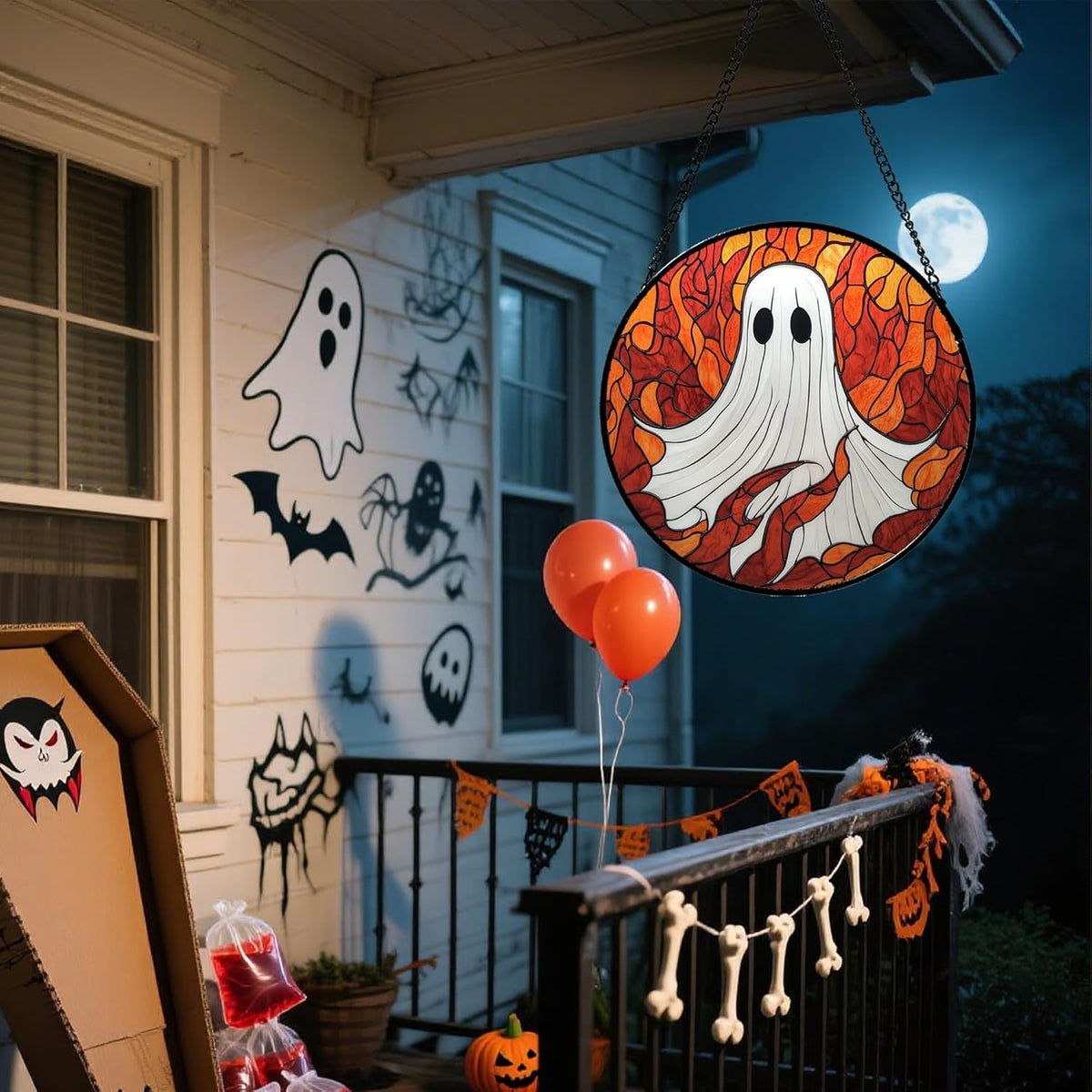 Stained Glass Window Hanging - Halloween Decorations White Ghost Orange Sky Suncatcher for Doors Garden Funny Spooky Sun Catchers Gothic Decor Horror Gifts for Women Men Friend Boy 11.8 in