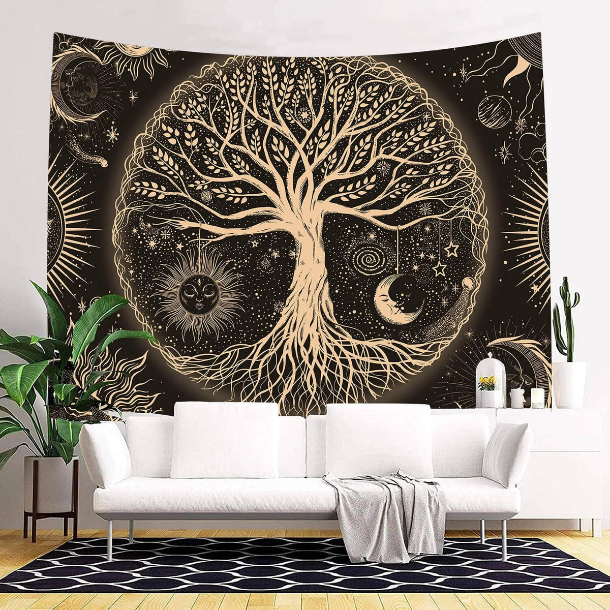 FORATER Tree of Life Tapestry Wall Hanging Sun Moon Stars Tapestries Aesthetic Galaxy Wall Tapestry Nature Home Decoration for Living Room Bedroom(61 x 82 Inch, Black and Gold)