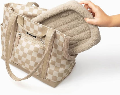Transit Tote Dog Carrier for Small Dogs Under 8 lbs, 16x11x8 Soft-Sided 4-Pc Set with Waterproof Base, Plush Insert, Food Pouch, Mesh Head Opening - Small, Checkerboard