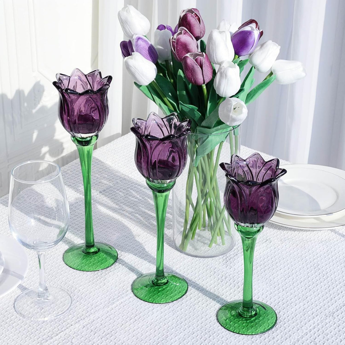 VOHO Purple Tulip Tealight Candle Holder Set of 3, Glass, Purple, Floral, Holidays, Wedding, Romance, Easter, Halloween, Thanksgiving, Christmas, Anniversary & Engagement, Tabletop, 3.15'' x 10.83''