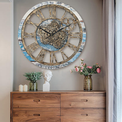 HOIBAI Large Wall Clock, Wall Clocks for Living Room Decor 20 Inch Farmhouse Vintage Rustic Kitchen Wall Decor Vintage Roman Oversized Wall Clock for Home Bedroom House Office, Moving Gears Clock
