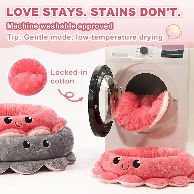 Cute Calming Dog Beds Clearance for Medium Small Dogs, Anxiety Bolster Dog Bed with Octopus Shape, Pink, Red, Boho, Round Pet Bed Cat with Removable Cushion