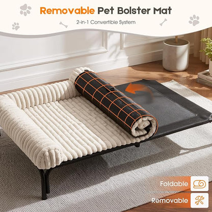 Elevated Dog Bed with Removable Fluffy Pillow Cushion, Raised Pet Cot Washable Bolster, Dog Couch Sofa, Anti Slip Feet, Breathable Mesh, Cream, 49"×36"
