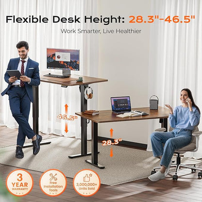 Huuger 55 x 28 Large Electric Standing Desk, Height Adjustable Computer Desk, 27.6" Deep Desktop, Stand up Gaming Office Desk with 2 Hooks, 3 Preset Heights, for Home Office, Rustic Brown