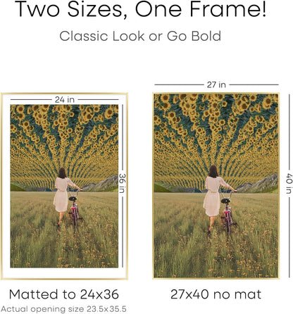 Homeforia 27x40 Picture Frame Gold, High End Metal 27 x 40 Large Poster Frames with Mat 24 by 36 inch Photo, 27x40 Gold Frame Matted to 24x36 for Print, 40x27 Frame, Tempered Glass, Wall Kit, Set of 1