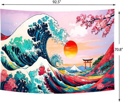 Delur Great Wave Tapestry Japanese Sunset Ocean Sea Wave Off Kanagawa Tapestry Wall Hanging Vintage Asian Anime Cherry Blossom Nature Headboard for Bedroom Living Room Home Decor (70.8" x 92.5")