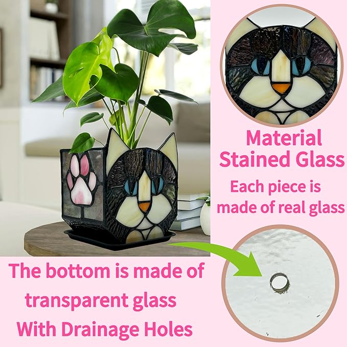 Stained Glass Black Cat Flower Pot,Succulent Pots with Drainage,Unique Black Cat Planter,Flower Pots for Indoor Plants,Glass Container Display Decoration,Cute Plant Gifts