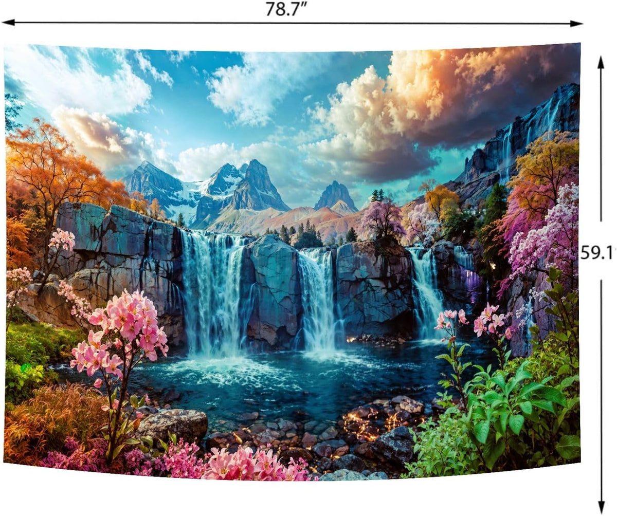 Delur Waterfall Tapestry Tropical Forest Mountain Sunset Tree Wall Hanging Tapestry Scenic Rainforest Landscape Nature Sunrise Headboard for Bedroom Living Room Home Decor (59.1" x 78.7")