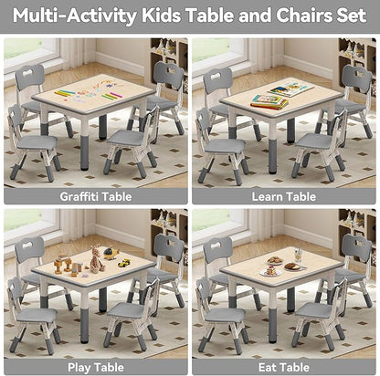 Kids Study Table and Chairs Set, Height Adjustable Toddler Table and Chair Set for Kids Ages 3-8, 31.5" L x 23.6" W Graffiti Desktop Plastic Children Art Table with 4 Seats, Grey