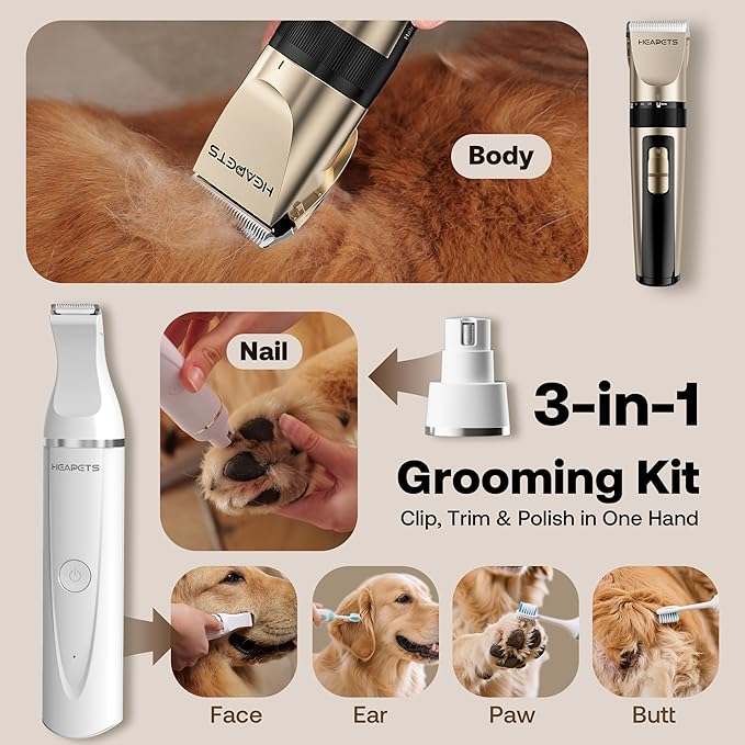 Dog Hair Clippers for Grooming Kit and Dog Paw Trimmer Nail Grinder for Grooming, Low Noise Rechargeable Cordless, Shaver Grooming Supplies for Pet Cats Dogs (Gold, White)