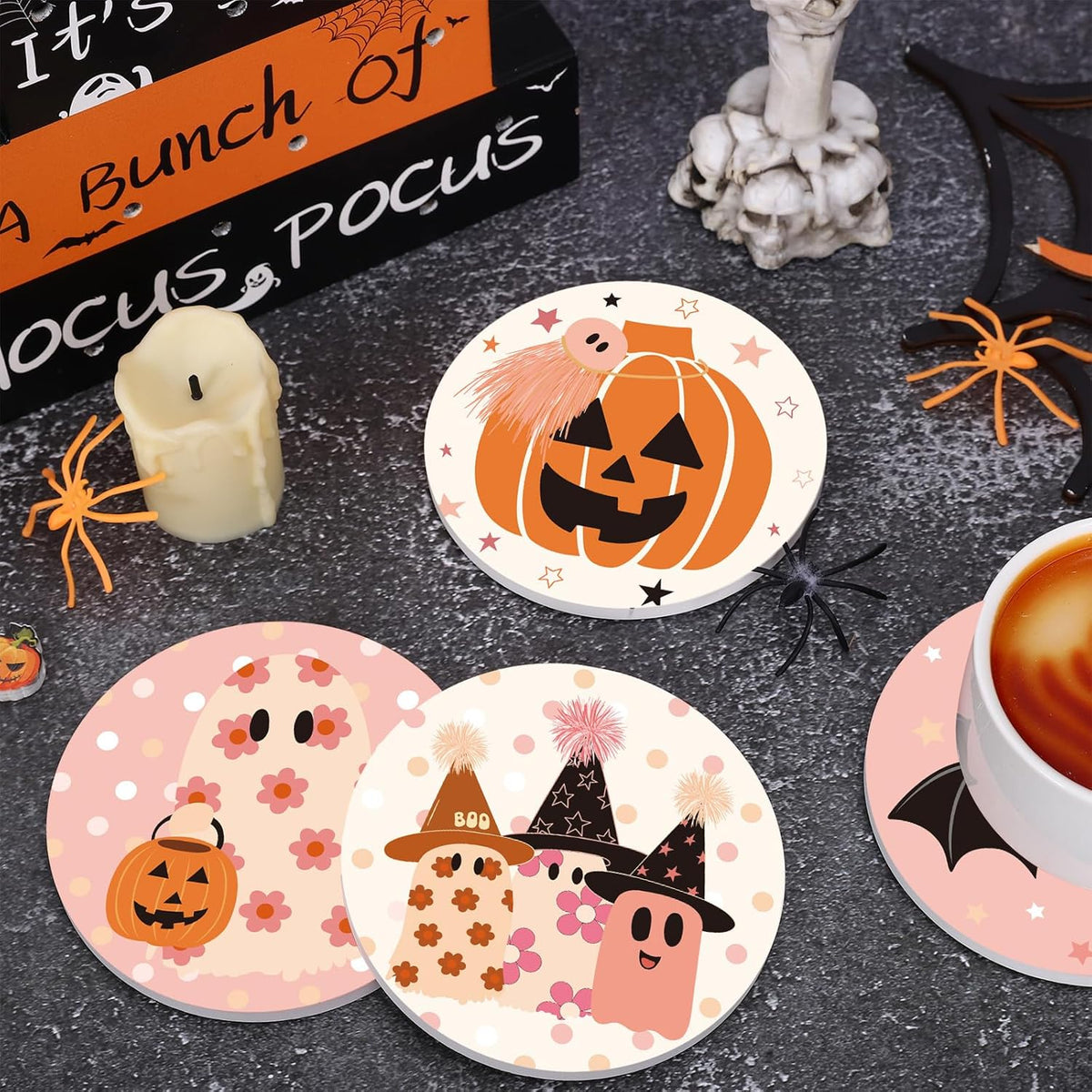 Whaline 4Pcs Halloween Coasters Pink Ghost Bat Pumpkin Ceramic Coasters Absorbent Cup Mat for Home Kitchen Office Party Table Decor