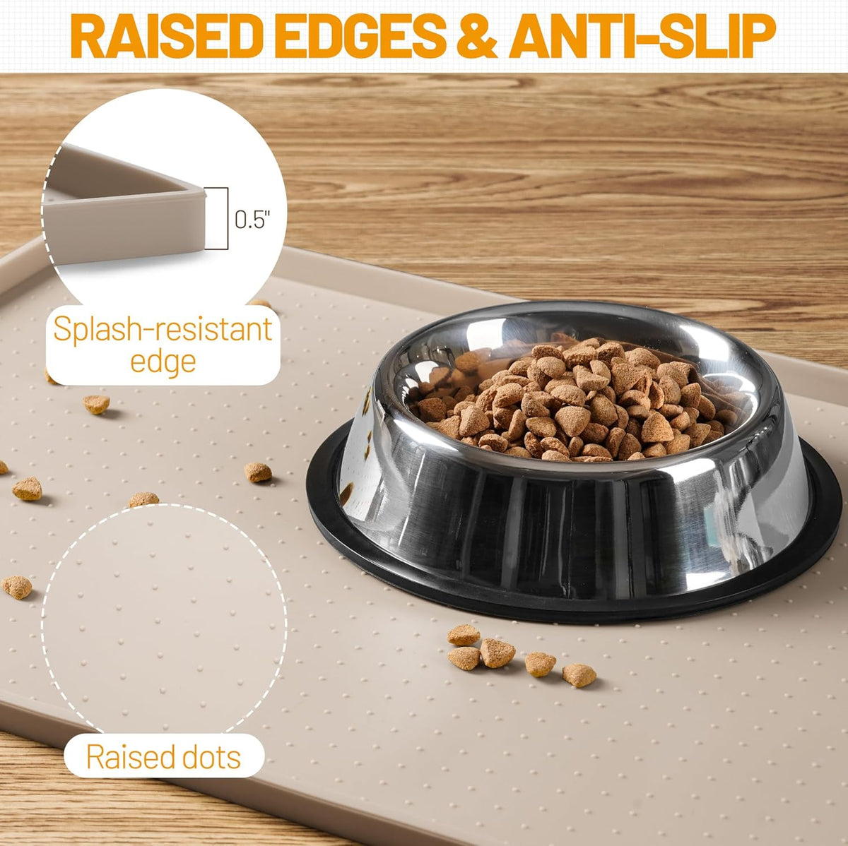 Hubulk Dog Feeding Mat,100% Waterproof Food Grade Silicone Pet Food and Water Bowl Placemat,Dishwasher, High Raised Edge to Prevent Spills,Nonslip Tray to Stop Messes on Floor（24"x16"x0.5", Taupe）